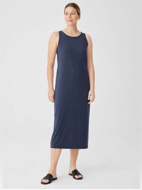 EILEEN FISHER Sz 1X Sleeveless Navy Midi Dress - Casual Tank Style Jersey Knit